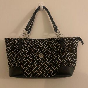 Tommy Hilfiger Geometric Black and Tan Tote w/leather bottom and straps